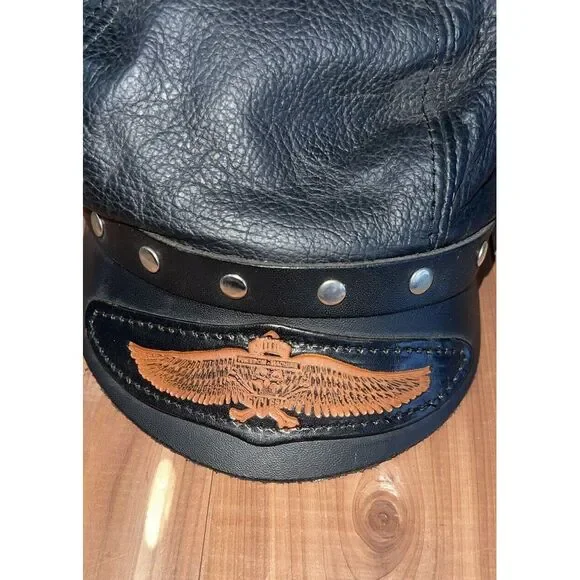 VintageFreedom Machine Leather Studded Biker Cap Hat Black Size‎ One Size USA